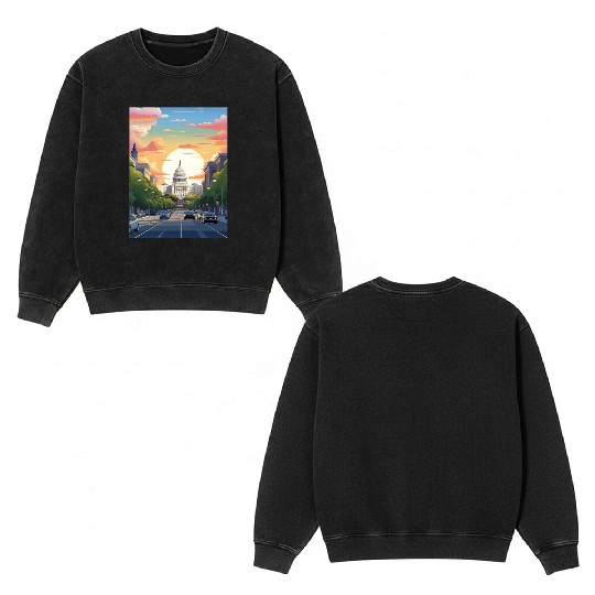 Sunset in US Capitol Washington DC Double Sided Mineral Wash Sweatshirts