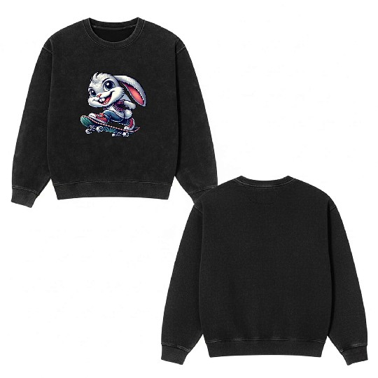 White rabbit skateboard skateboarder funny bunny Double Sided Mineral Wash Sweatshirts