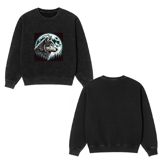 Nature Moon Alpha Cute Wolf Moon nature Double Sided Mineral Wash Sweatshirts