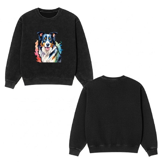 Border Collie Watercolor Double Sided Mineral Wash Sweatshirts