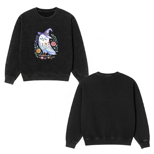 Halloween Owl with Floral Witch Hat Double Sided Mineral Wash Sweatshirts