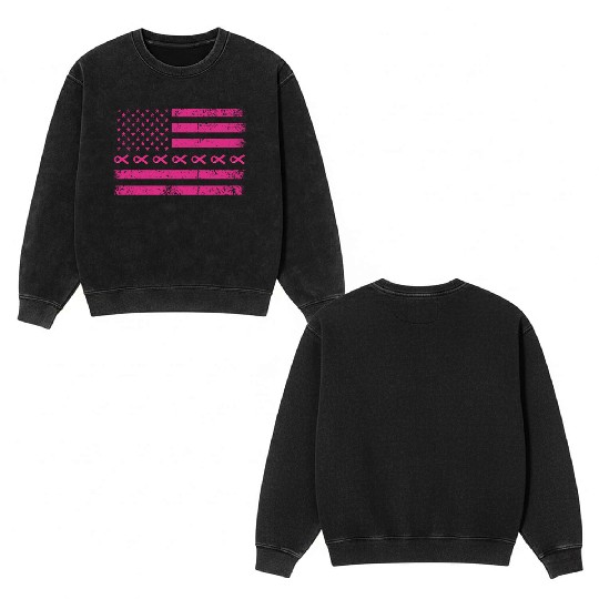 Pink Ribbon American Flag Breast Cancer Double Sided Mineral Wash Sweatshirts