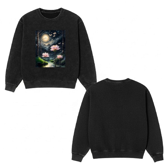 Lotus Blossoms Under the Moonlight Double Sided Mineral Wash Sweatshirts