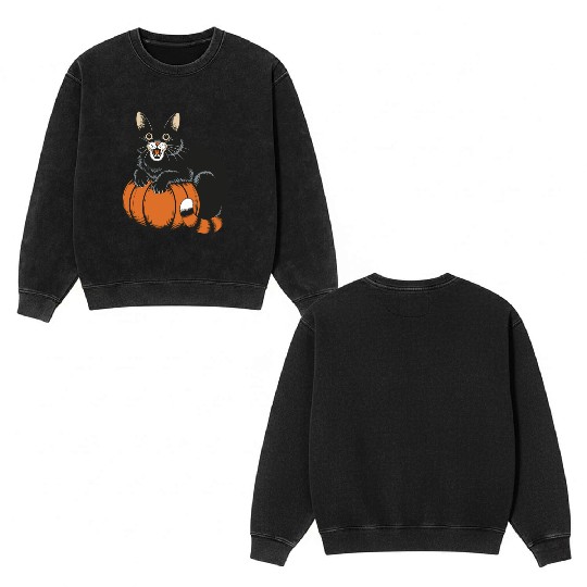 Surprised Halloween Cat With Pumpkin Vintage Style Double Sided Mineral Wash Sweatshirts
