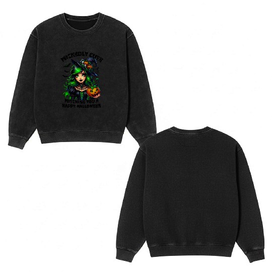 Halloween Wicked Cute Green Witch Double Sided Mineral Wash Sweatshirts