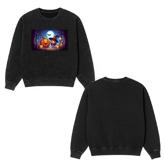 Halloween Witch and Jack-o'-Lantern Scene Double Sided Mineral Wash Sweatshirts