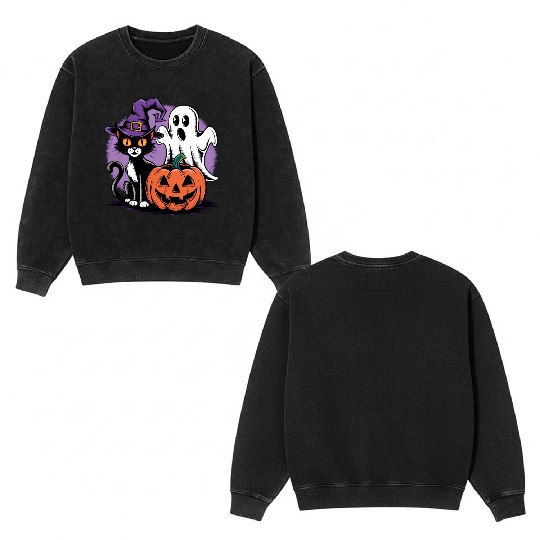 Spooky Black Cat Pumpkin boo ghost Halloween Double Sided Mineral Wash Sweatshirts