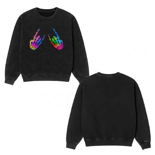 Rock On Rock Star Skeleton Hands LGBT Rainbow Double Sided Mineral Wash Sweatshirts