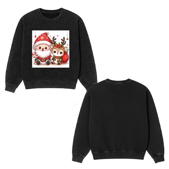 Festive Santa and Reindeer Illustration Double Sided Mineral Wash Sweatshirts