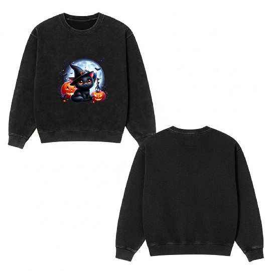 Vintage Halloween Black Cat Double Sided Mineral Wash Sweatshirts
