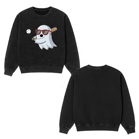 Halloween Ghost Baseball Player Double Sided Mineral Wash Sweatshirts