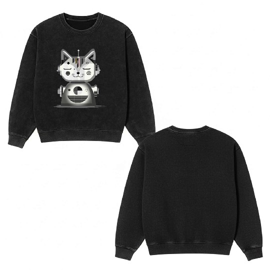 Geometric Robot Cat - Creative Illustration Double Sided Mineral Wash Sweatshirts