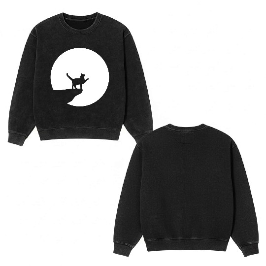 Cat Moon Cliff At Night Werewolf Round Howling Fun Double Sided Mineral Wash Sweatshirts
