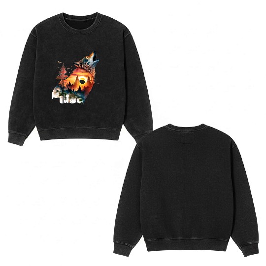 Vintage Wolf Moon Graphic Double Sided Mineral Wash Sweatshirts – Retro 90s