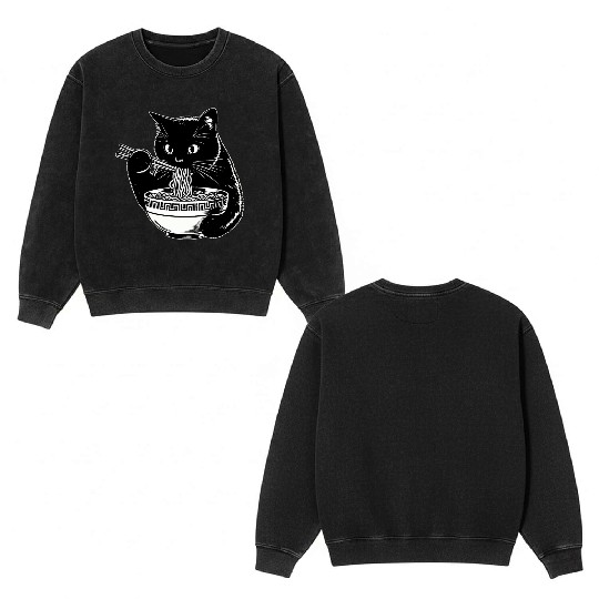 Cat Eating Ramen Noodles Japanese Funny Double Sided Mineral Wash Sweatshirts