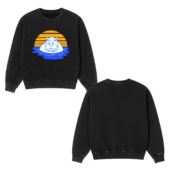 Hippo Swimming Water Sun Cute Happy Comic Cartoon Double Sided Mineral Wash Sweatshirts