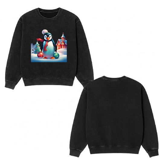 Christmas Merry Christmas For Gift Penguin Snowman Double Sided Mineral Wash Sweatshirts
