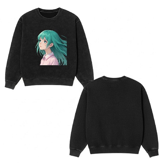 Teal Tresses: A Vision of Anime Serenity and Wonde Double Sided Mineral Wash Sweatshirts