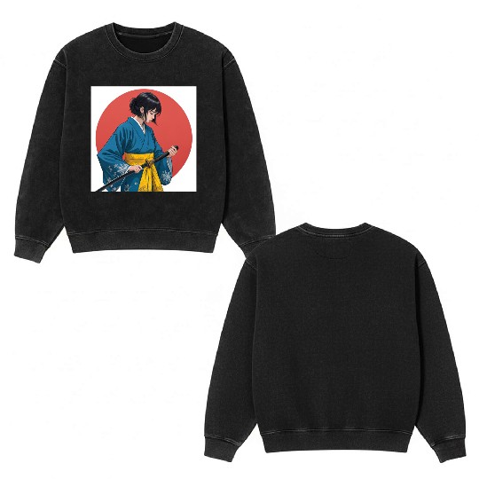 Blossom and Blade: Kimono-Clad Warrior Girl, Japan Double Sided Mineral Wash Sweatshirts