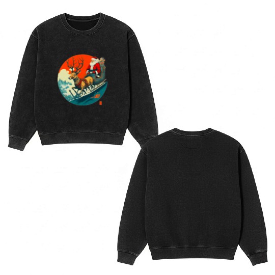 Santa Claus Flying Reindeer Christmas Festive Double Sided Mineral Wash Sweatshirts