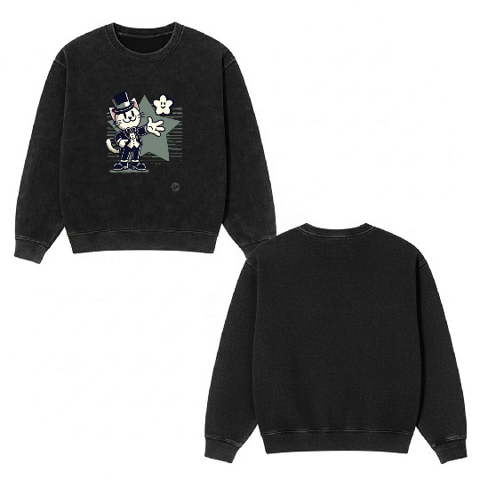 Happy Retro Cartoon Cat in Tuxedo with Star Double Sided Mineral Wash Sweatshirts