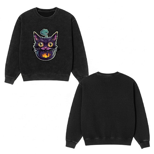Cat Boiler Cat Witch Halloween Double Sided Mineral Wash Sweatshirts