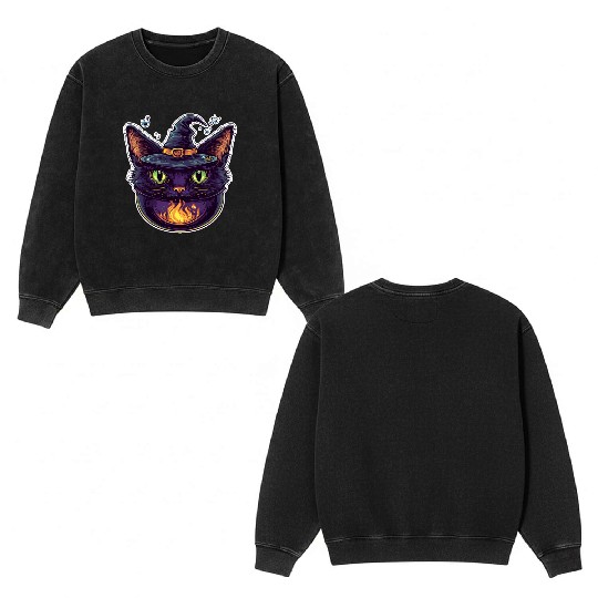 Cat Boiler Cat Witch Halloween Double Sided Mineral Wash Sweatshirts