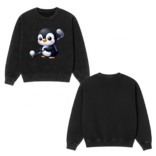 Cute Penguin Golfer Cartoon Quirky Funny Double Sided Mineral Wash Sweatshirts