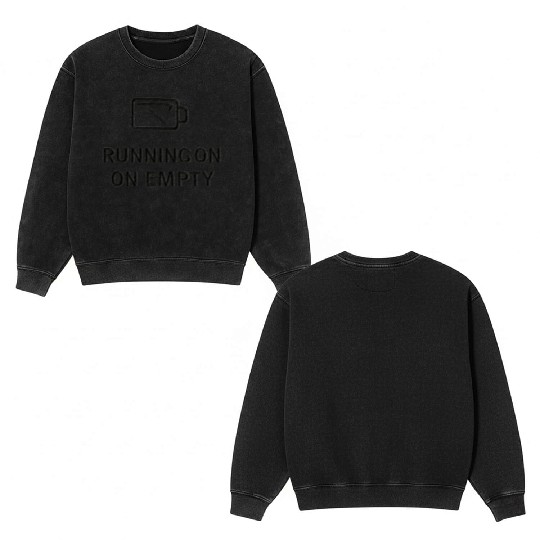 RUNNING ON EMPTY – Black Thread on Beige Double Sided Mineral Wash Sweatshirts
