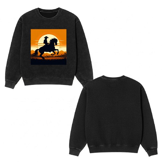 Cowboy & Horse Sunset Scene Double Sided Mineral Wash Sweatshirts Double Sided Mineral Wash Sweatshirts