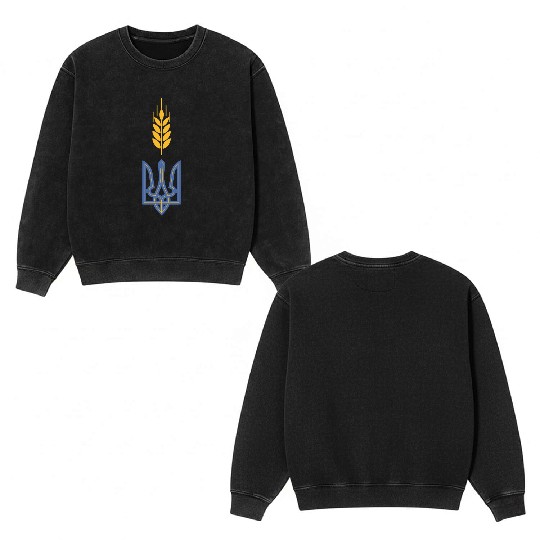 Ukraine Trident Wheat Symbol Ukrainian Heritage Double Sided Mineral Wash Sweatshirts
