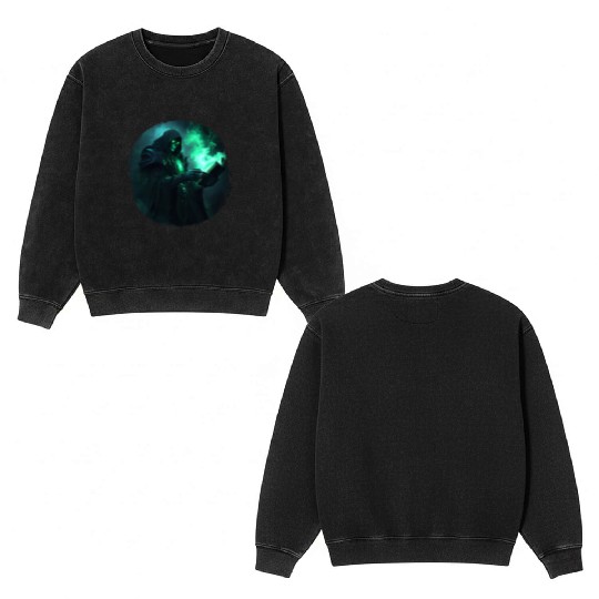 Green Shadow Mage with Burning Spell Book Double Sided Mineral Wash Sweatshirts