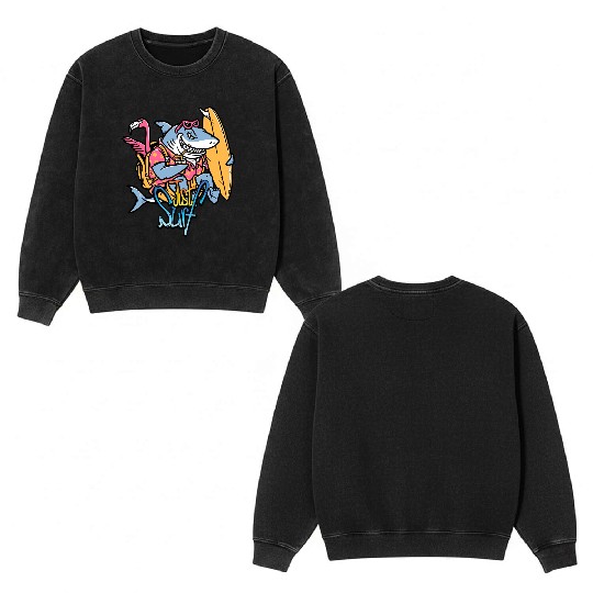 Just Surf – Cool Shark with Surfboard & Flamingo Double Sided Mineral Wash Sweatshirts