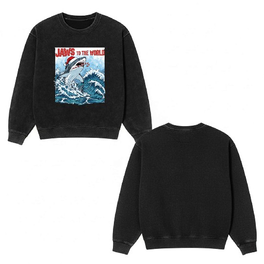 Jaws to the World – Christmastime Shark Attack Double Sided Mineral Wash Sweatshirts