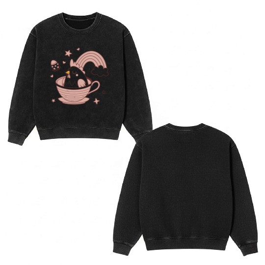Whimsical Bird in Tea Cup Double Sided Mineral Wash Sweatshirts