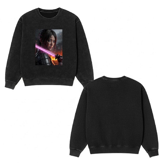 Cyberpunk Samurai Girl Double Sided Mineral Wash Sweatshirts