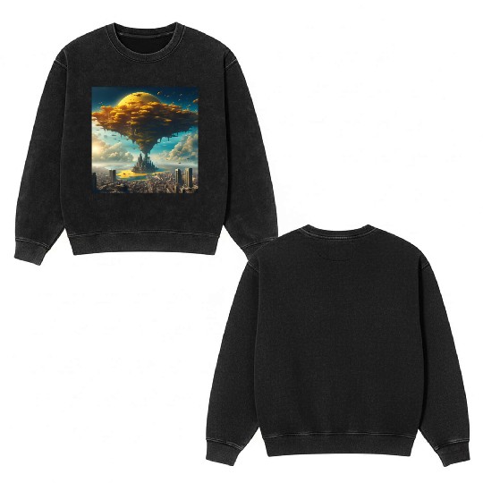 Sci-Fi Alien City: Floating Planet Twilight Scene Double Sided Mineral Wash Sweatshirts