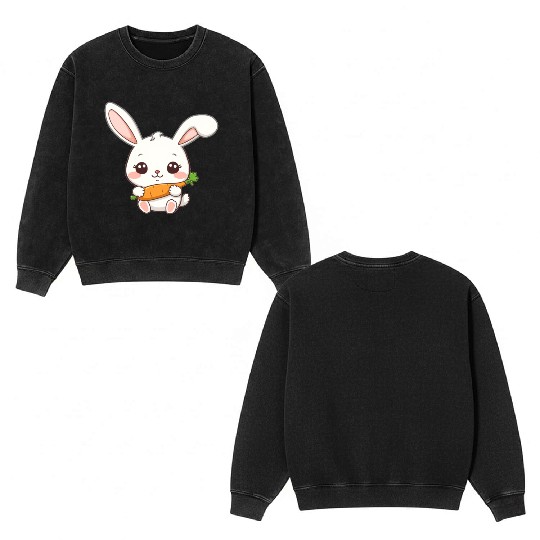 Cute Bunny with Carrot Illustration Double Sided Mineral Wash Sweatshirts