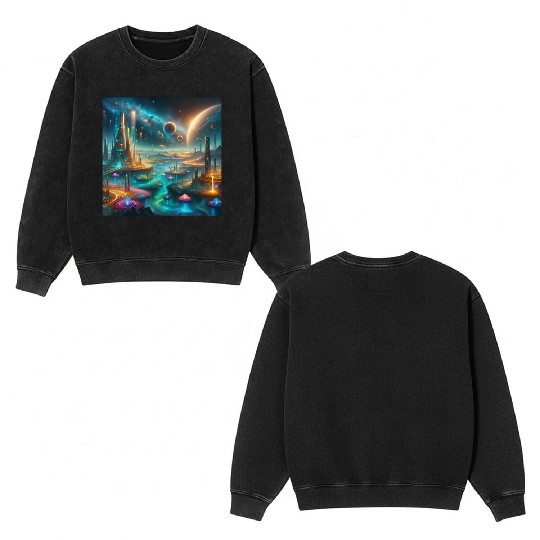 Futuristic Alien Landscape Design Fantasy Sci-Fi Double Sided Mineral Wash Sweatshirts