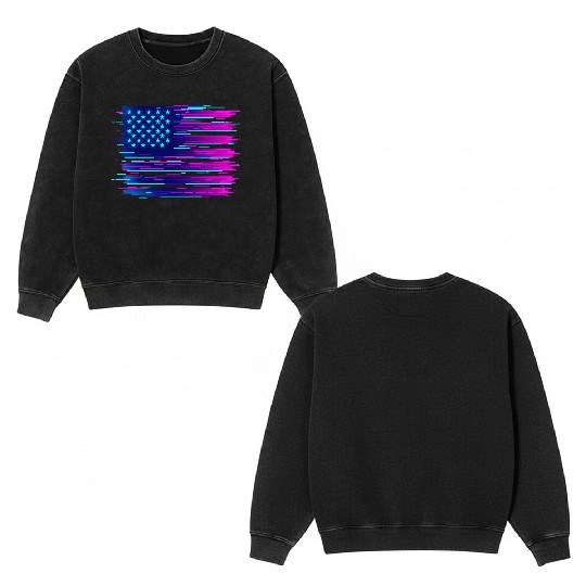 Retro Neon Grunge American Flag Double Sided Mineral Wash Sweatshirts