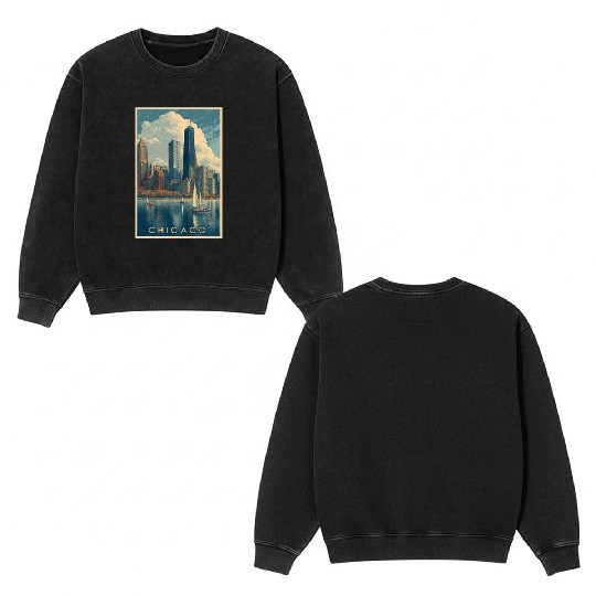 Chicago Skyline with Sailboats Double Sided Mineral Wash Sweatshirts