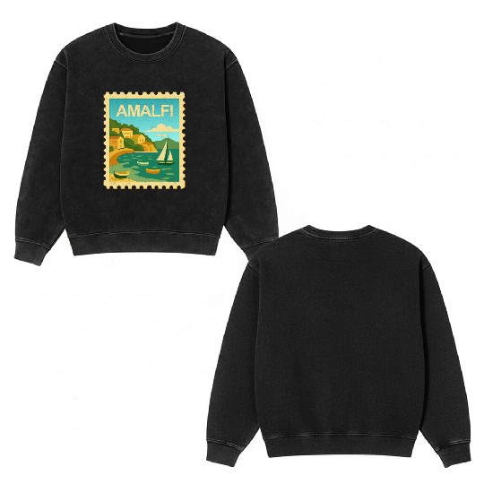 Vintage Style Stamp - Amalfi Italy Double Sided Mineral Wash Sweatshirts