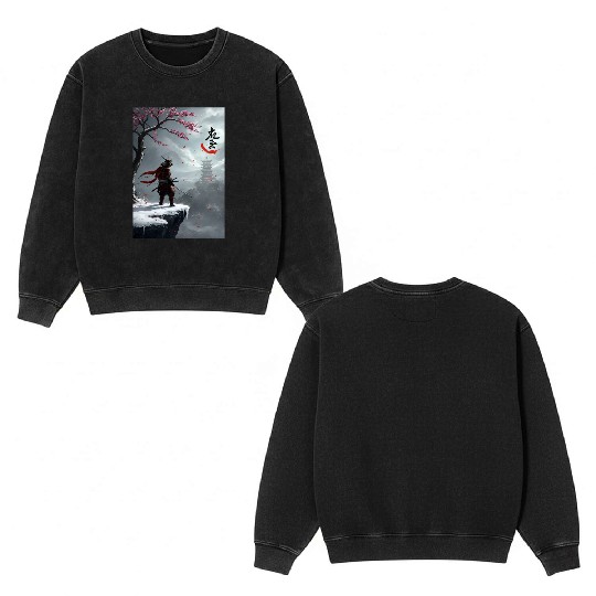 Samurai Warrior Under Cherry Blossom Tree Double Sided Mineral Wash Sweatshirts
