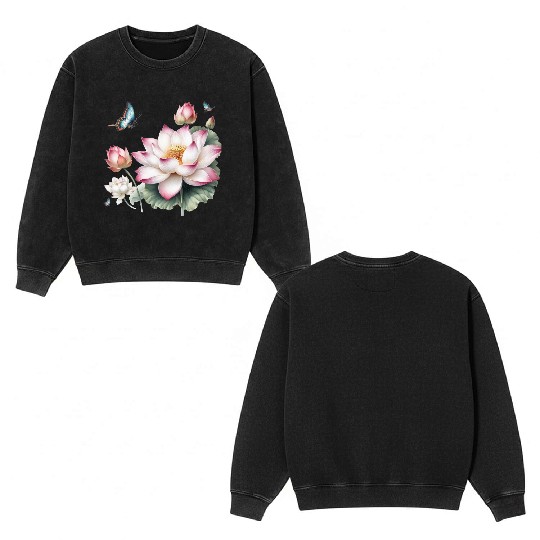 Light Pink Lotus and Butterflies  Double Sided Mineral Wash Sweatshirts