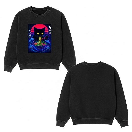 Neon Black Cat Ramen Art Double Sided Mineral Wash Sweatshirts