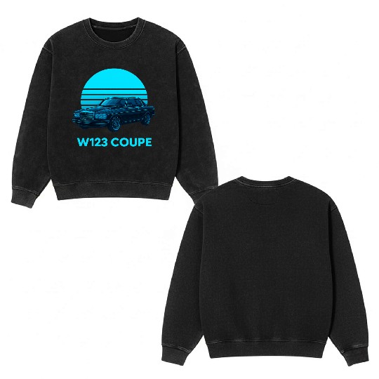Black W123 Coupe – Neon Retro 80s Style Automotive Double Sided Mineral Wash Sweatshirts