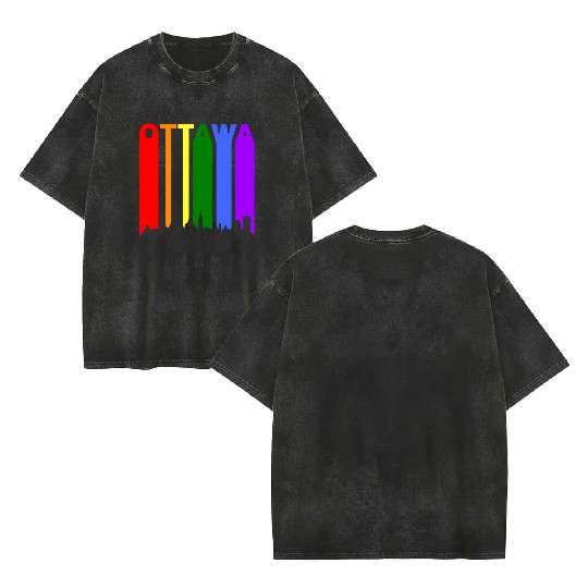 Ottawa Canada Rainbow Skyline LGBT Gay Pride Double Sided Mineral Wash T Shirts