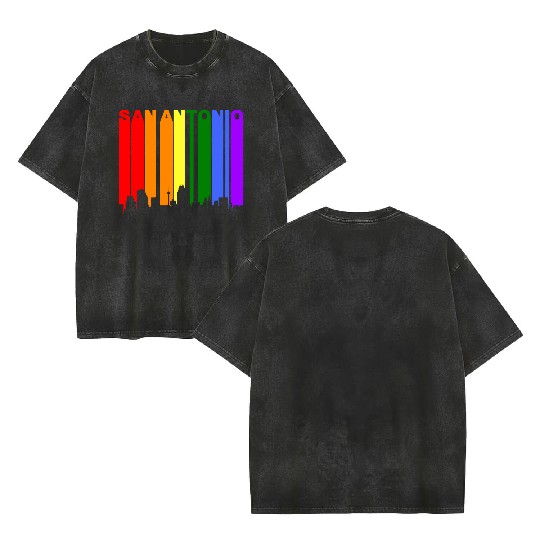 San Antonio Texas Gay Pride Rainbow Skyline Double Sided Mineral Wash T Shirts