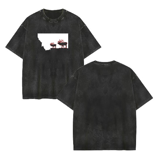 image of Montana state with outline of Elk inside Double Sided Mineral Wash T Shirts