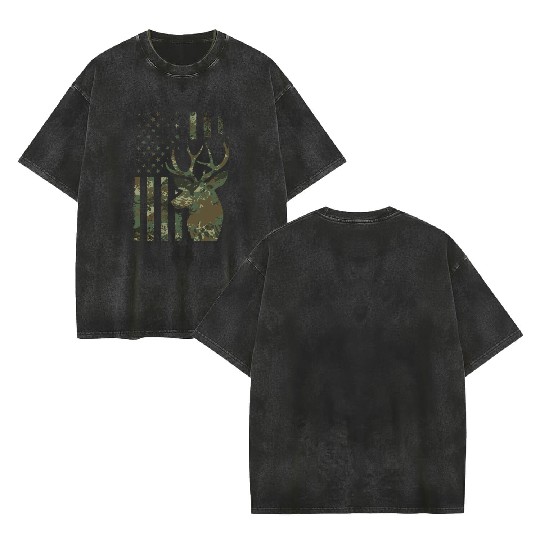 Camo American Flag Buck Hunting Gift For Elk Deer Double Sided Mineral Wash T Shirts